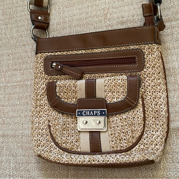 Chaps Brown Leather & Woven Straw Crossbody Shoulder Bag Adjustable StrapVintage - Picture 3 of 9